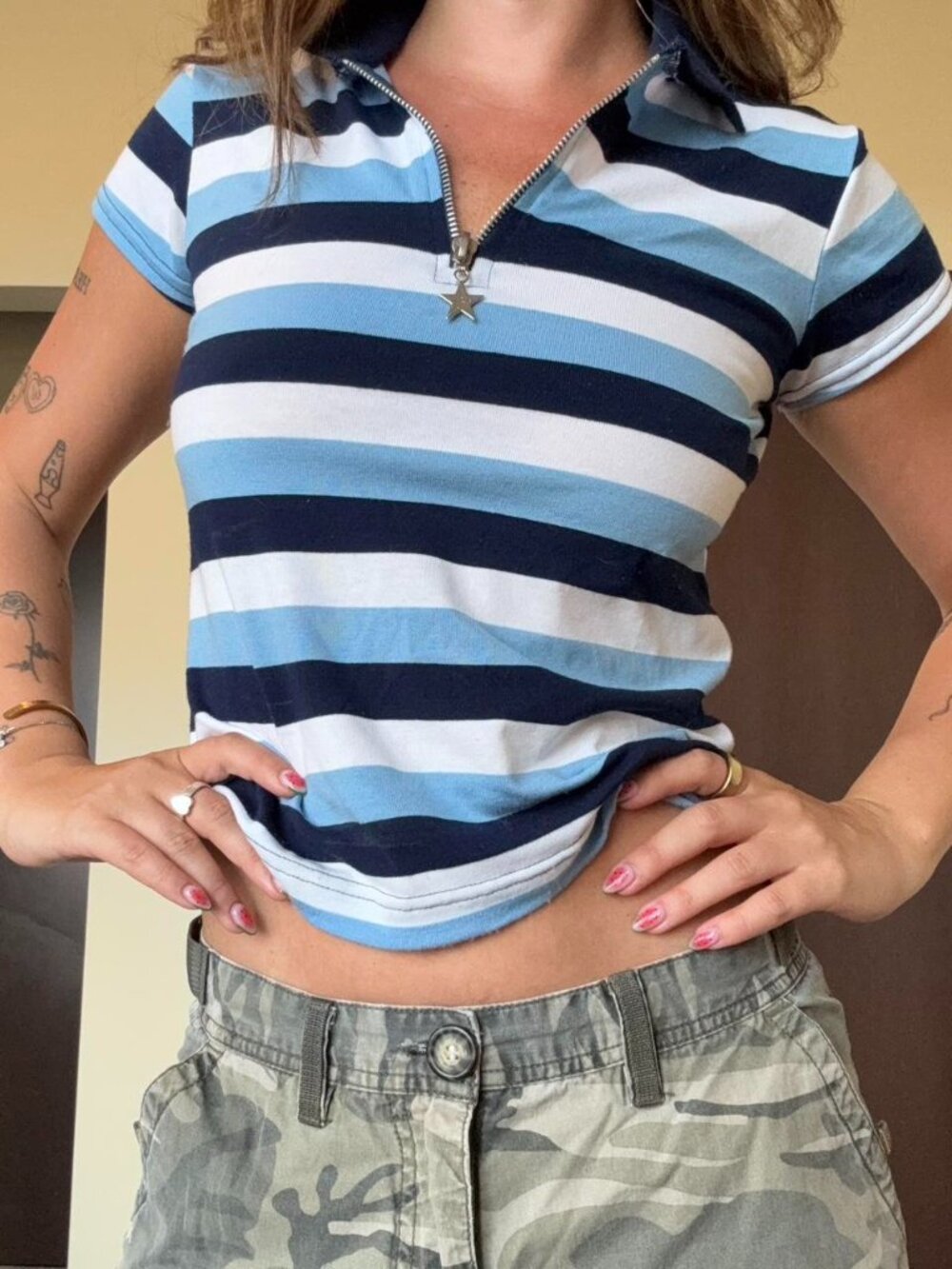 Vintage 90's / Y2K Blue and white striped polo half zip shirt